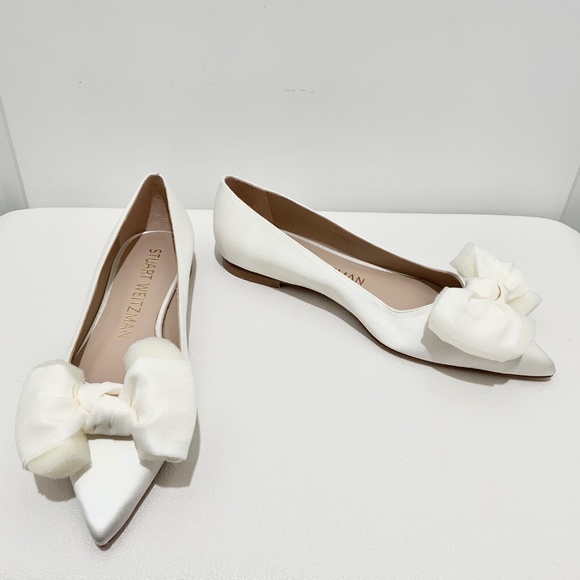 Stuart Weitzman ANNY MESH White Silk Satin Bow Flats Pointed Toe Bridal Shoe 7.5 - Picture 7 of 13
